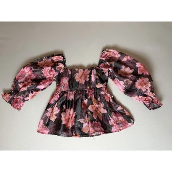 Nasty Gal Floral Smocked Peplum Blouse XS Sheer Long Sleeve Pink & Black - Picture 3 of 10